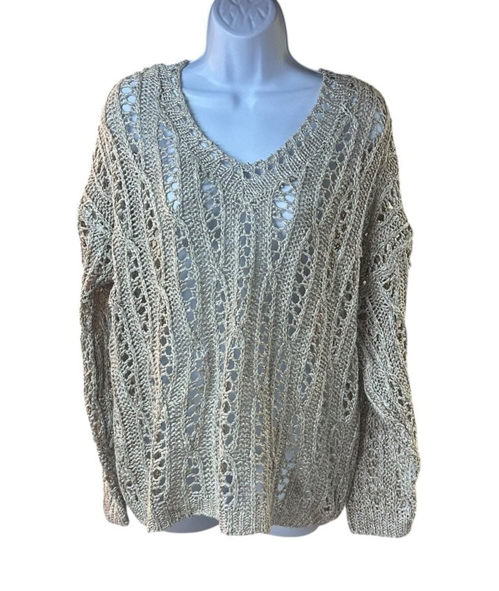 Vintage Gantos Open Knit Sweater Beige Crochet Boho Slouchy Oversized *Read*